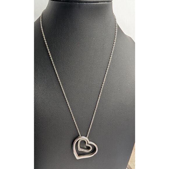 Sterling Silver 925 Double Heart Pendant Necklace 18" - Picture 1 of 8